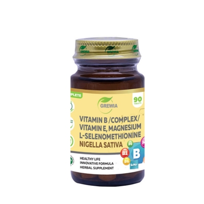 ГРЕВИЯ ВИТАМИН B КОМПЛЕКС + ВИТАМИН E + МАГНЕЗИЙ + ЧЕРЕН КИМИОН НИГЕЛА + СЕЛЕНМЕТИОНИН таблетки 90 броя / GREWIA VITAMIN B COMPLEX + VITAMIN E + MAGNESIUM + L-SELENOMETHIONINE + NIGELLA SATIVA