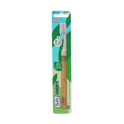 ЧЕТКА ЗА ЗЪБИ ТЕПЕ ЧОЙС С ДЪРВЕНА ДРЪЖКА + 3 НАКРАЙНИКА СОФТ / TEPE CHOICE REUSABLE WOOD HANDLE TOOTHBRUSH + 3 BRUSH HEADS SOFT