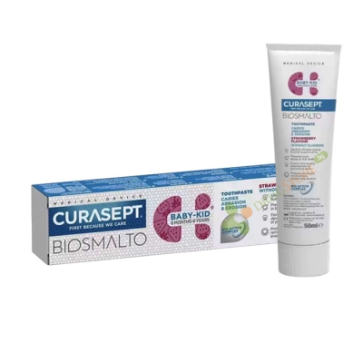 ПАСТА ЗА ЗЪБИ BIOSMALTO ЗА ДЕЦА 6 м - 6 г ЯГОДА БЕЗ ФЛОУР 50 мл / CURASEPT BABY KID TOOTHPASTE STRAWBERRY FLAVOUR WITHOUT FLOURIDE 6 months - 6 years