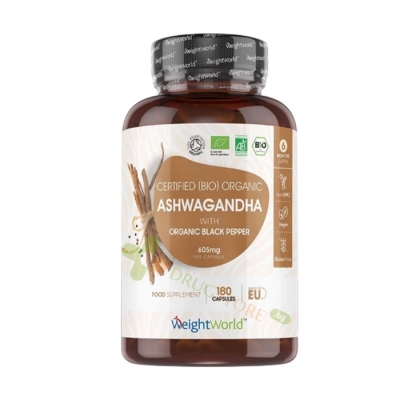  АШВАГАНДА + ЧЕРЕН ПИПЕР капсули 180 броя / WEIGHT WORLD ORGANIC ASHWAGANDHA WITH ORGANIC BLACK PEPPER 