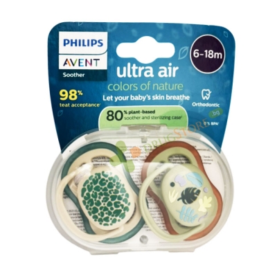 АВЕНТ ЗАЛЪГАЛКА ULTRA AIR COLORS OF NATURE 6-18 месеца 2 броя / AVENT ULTRA AIR SOOTHER COLORS OF NATURE 6-18 months 