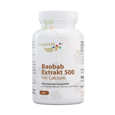  БАОБАБ ЕКСТРАКТ+КАЛЦИЙ И ФОЛИЕВА КИСЕЛИНА капсули 90 броя / VITA WORLD BAOBAB EXTRACT+CALCIUM AND FOLIC ACID 