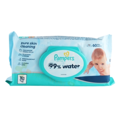 БЕБЕШКИ МОКРИ КЪРПИ ПАМПЕРС С 99% ВОДА 60 броя / PAMPERS PURE SKIN CLEANING BABY WIPES 99% WATER 