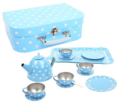 ЧАЕН СЕРВИЗ - СИН БИГДЖИГС BJ614 / BIGJIGS TOYS BLUE POLKA DOT TIN TEA SET BJ614