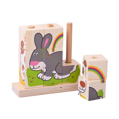 ДЪРВЕНИ КУБЧЕТА ЗА НАНИЗВАНЕ - ЖИВОТНИ BB104 / BIGJIGS STACKING PUZZLE - PETS