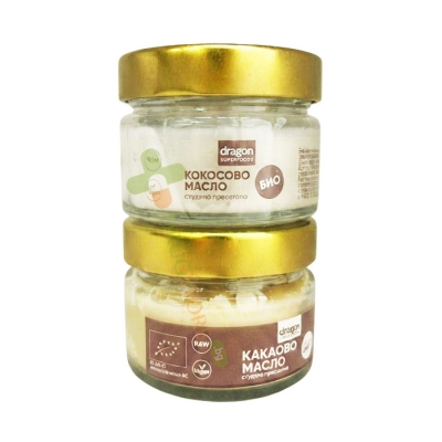 БИО КОКОСОВО МАСЛО 100 мл + БИО КАКАОВО МАСЛО 100 мл / DRAGON SUPERFOODS BIO COCONUT OIL 100 ml + BIO COCOA OIL 