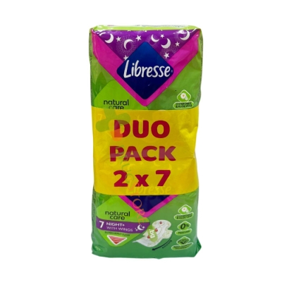 ДАМСКИ ПРЕВРЪЗКИ ЛИБРЕС НАТУРАЛ КЕЪР НОЩНИ С ЛАЙКА И АЛОЕ ВЕРА 14 броя / LIBRESSE NATURAL CARE NIGHT SANITARY NAPKINS WITH CHAMOMILE AND ALOE VERA 