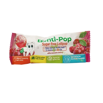 ДЕНТИ-ПОП БЛИЗАЛКА БЕЗ ЗАХАР С ВКУС НА ЕФЕРВЕСЦЕНТНА ЧЕРЕША / DENTI-POP SUGAR FREE LOLLIPOP EFFERVESCENT CHERRY FLAVOR