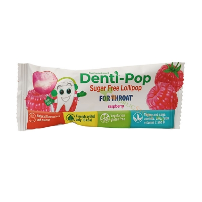 ДЕНТИ-ПОП БЛИЗАЛКА БЕЗ ЗАХАР ЗА ГЪРЛО С ВКУС НА МАЛИНИ 1 брой / DENTI-POP SUGAR FREE LOLLIPOP FOR THROAT RASPBERRY FLAVOR