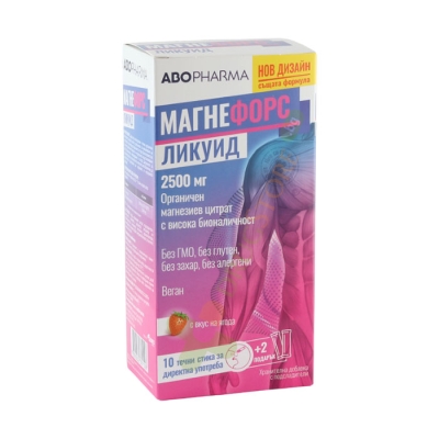 АБОФАРМА МАГНЕФОРС ЛИКУИД 2500 мг СТИК с вкус на ягода 10+2 броя / ABOPHARMA MAGNEFORCE LIQUID 2500 mg SHOT strawberry flavour