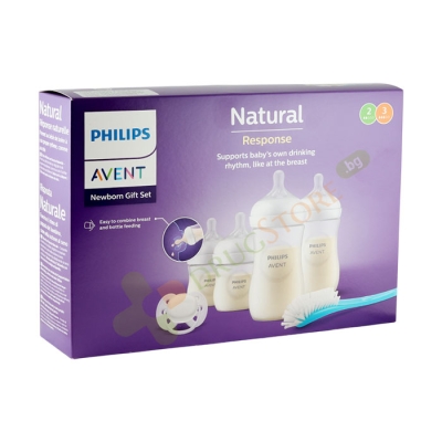 КОМПЛЕКТ НАТУРАЛ 0+ ШИШЕТА 4 броя + БИБИБЕРОНА 4 броя + СИЛИКОНОВА ЗАЛЪГАЛКА + ЧЕТКА ЗА ПОЧИСТВАНЕ НА ШИШЕТА / PHIILIPS AVENT NATURAL NEWBORN STARTER SET