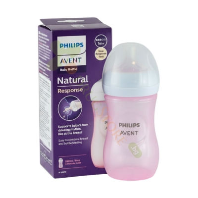 ШИШЕ НАТУРАЛ PP РОЗОВО 260 мл + БИБЕРОН СЛОУ с 2 дупки 1+ месеца / PHILIPS AVENT NATURAL PP FEEDING BOTTLE PINK