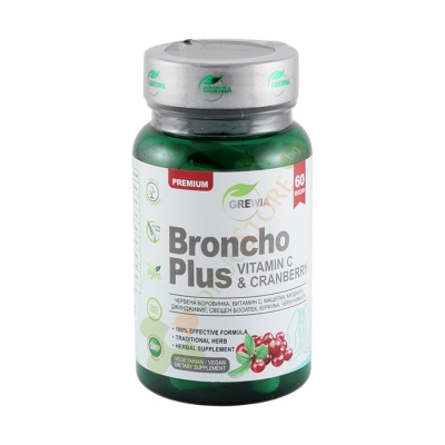 ГРЕВИЯ БРОНХО ПЛЮС + ВИТАМИН C + ЧЕРВЕНА БОРОВИНКА капсули 60 броя / GREWIA BRONCHO PLUS VITAMIN C & CRANBERRY