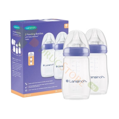 ШИШЕ СЪС СИЛИКОНОВ БИБЕРОН MEDIUM FLOW ЛАНСИНОХ 240 мл 2 броя / LANSINOH FEEDING BOTTLE