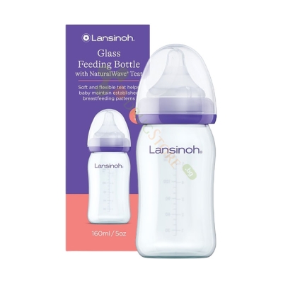 СТЪКЛЕНО ШИШЕ СЪС СИЛИКОНОВ БИБЕРОН SLOW FLOW ЛАНСИНОХ 160 мл 1 брой / LANSINOH GLASS FEEDING BOTTLE