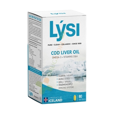 МАСЛО ОТ ЧЕРЕН ДРОБ НА ТРЕСКА + ОМЕГА 3 + ВИТАМИН D + ВИТАМИН A капсули 80 броя / LYSI COD LIVER OIL + OMEGA 3 + VITAMIN D + VITAMIN A