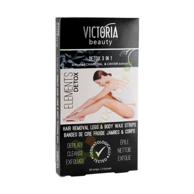 ДЕПИЛИРАЩИ ЛЕНТИ ЗА ТЯЛО 3 В 1 С АКТИВЕН ВЪГЛЕН И ЕКСТРАКТ ОТ ЧЕРЕН ХАЙВЕР 20 броя + 2 броя кърпички / VICTORIA BEAUTY HAIR REMOVAL LEGS & BODY WAX STRIPS DETOX 3 IN 1 WITH CHARCOAL & CAVIAR EXTRACT