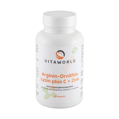 АРГИНИН + ОРНИТИН + ЛИЗИН + C + ЦИНК капсули 60 броя / VITA WORLD ARGININ + ORNITHIN + LYSIN + C + ZINK