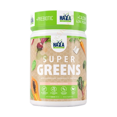 ХАЯ ЛАБС СУПЕР ГРИЙНС С АРОМАТ ПРАСКОВА прах 300 г / HAYA LABS SUPER GREENS FLAVOURED PEACH