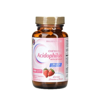 АЦИДОФИЛУС С БИФИДУС И ВКУС НА ЯГОДА дъвчащи таблетки 100 броя / HOLLAND BARRETT ACIDOPHILUS WITH BIFIDUS & STRAWBERRY