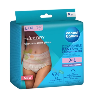 КАНПОЛ ЕДНОКРАТНИ БИКИНИ С ПОДЛОЖКА ЗА СЛЕД РАЖДАНЕ 2 В 1 L/XL 5 броя / CANPOL DISPOSABLE PANTS WITH WITH POSTPARTUM PAD 2 IN 1 L/XL
