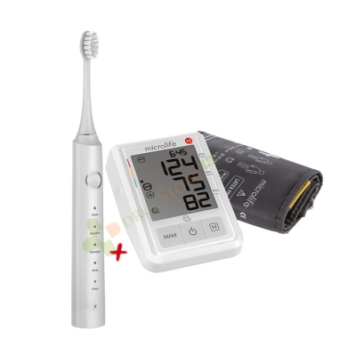 КОМПЛЕКТ ЕЛЕКТРОНЕН АПАРАТ ЗА ИЗМЕРВАНЕ НА КРЪВНО НАЛЯГАНЕ MICROLIFE BP B3 AFIB + ЗВУКОВА ЕЛЕКТРИЧЕСКА ЧЕТКА ЗА ЗЪБИ MICROLIFE CLEAN S5 БЯЛА