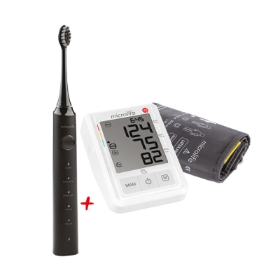 КОМПЛЕКТ ЕЛЕКТРОНЕН АПАРАТ ЗА ИЗМЕРВАНЕ НА КРЪВНО НАЛЯГАНЕ MICROLIFE BP B3 AFIB + ЗВУКОВА ЕЛЕКТРИЧЕСКА ЧЕТКА ЗА ЗЪБИ MICROLIFE CLEAN S5 ЧЕРНА