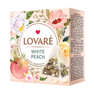 ЛОВАРЕ ЧАЙ WHITE PEACH филтър пирамида 15 броя / LOVARE TEA WHITE PEACH tea bags pyramids