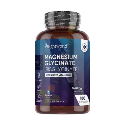 МАГНЕЗИЙ БИСГЛИЦИНАТ + ВИТАМИН B6 капсули 180 броя / WEIGHT WORLD MAGNESIUM GLYCINATE + VITAMIN B6 