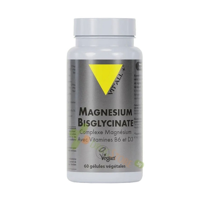 МАГНЕЗИЙ БИСГЛИЦИНАТ + ВИТАМИН B6 + ВИТАМИН D3 капсули 60 броя / VIT`ALL+ MAGNESIUM BISGLYCINATE + VITAMIN B6 + VITAMIN D3 