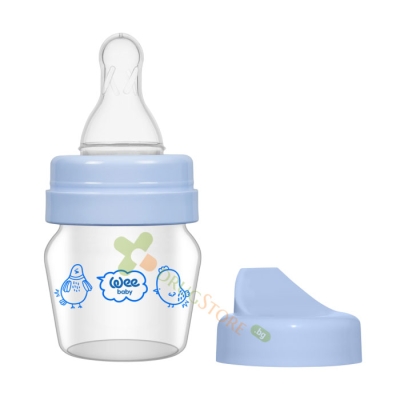 МИНИ Стъклено шише с два накрайника 0-6 месеца 30 мл / WEE BABY MINI GLASS BOTTLE 0-6 months