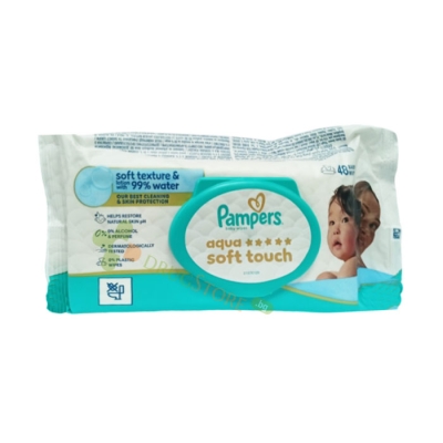МОКРИ КЪРПИ ПАМПЕРС АКВА СОФТ ТАЧ 99% ВОДА 48 броя / WET WIPES PAMPERS AQUA SOFT TOUCH 99% WATER 