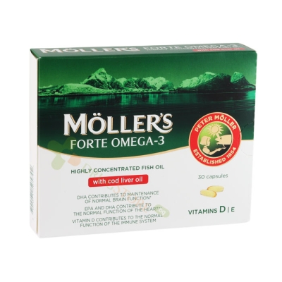 МЬОЛЕРС ФОРТЕ ОМЕГА 3 МАСЛО ОТ ДРОБ НА ТРЕСКА капсули 30 броя / MOELLER'S FORTE OMEGA 3 COD LIVER OIL