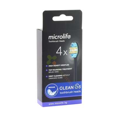 НАКРАЙНИК ЗА ЕЛЕКТРИЧЕСКА ЧЕТКА ЗА ЗЪБИ МИКРОЛАЙФ S5 МЕДИУМ 4 броя / MICROLIFE CLEAN S5 TOOTHBRUSH HEADS MEDIUM 