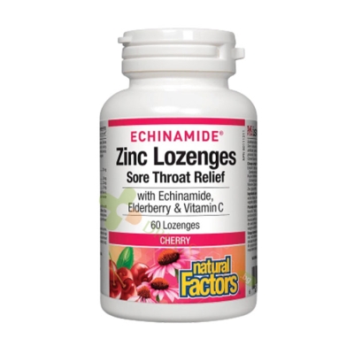НАТУРАЛ ФАКТОРС ЕХИНАМИД ЦИНК, ЕХИНАЦЕЯ, ВИТАМИН С И ЧЕРЕН БЪЗ таблетки за смучене с вкус на череша 60 броя / NATURAL FACTORS ECHINAMIDE ZINC LOZENGES SORE THROAT RELIEF