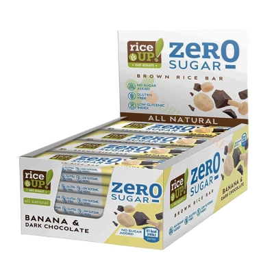 ОРИЗОВ БАР БЕЗ ДОБАВЕНА ЗАХАР ТЪМЕН ШОКОЛАД И БАНАН 18 г 20 броя / RICE UP! RICE BAR ZERO SUGAR ADDED DARK CHOCOLATE AND BANANA 18 g 