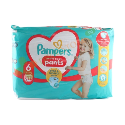 ПАМПЕРС АКТИВ БЕЙБИ STOP&PROTECT ГАЩИ размер 6 (13 - 19 кг) 44 броя / PROCTER & GAMBLE PAMPERS ACTIVE BABY STOP&PROTECT PANTS size 6 (13 - 19 kg)