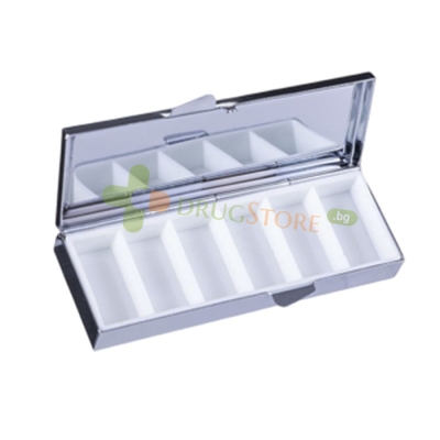 ПРАВОЪГЪЛНА МЕТАЛНА КУТИЯ ЗА ЛЕКАРСТВА С 6 ОТДЕЛЕНИЯ И ОГЛЕДАЛО / RECTANGULAR METAL MEDICINE BOX WITH 6 COMPARTMENTS AND MIRROR