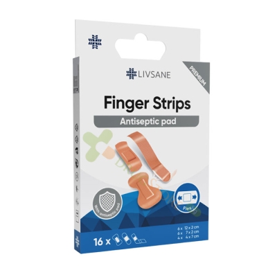 ПРЕМИУМ ФИНГЪР СТРИПС ПЛАСТИР ЗА ПРЪСТИ 3 размера 16 броя / LIVSANE PREMIUM FINGER STRIPS ANTISEPTIC PAD 3 sizes 
