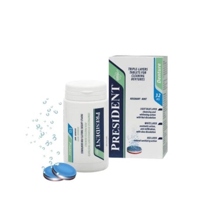 ТАБЛЕТКИ ЗА ПОЧИСТВАНЕ НА ПРОТЕЗИ ПРЕЗИДЕНТ 32 бр. / PRESIDENT TRIPLE - LAYERS TABLETS FOR CLEANING DENTURES