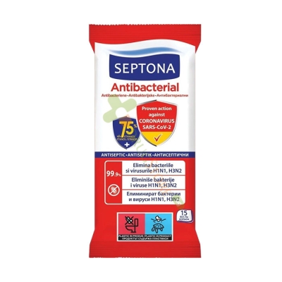 СЕПТОНА АНТИБАКТЕРИАЛНИ МОКРИ КЪРПИ 75% АЛКОХОЛ АНТИСЕПТИЧНИ 15 броя / AROMA SEPTONA ANTIBACTERIAL WET WIPES 75% ALCOHOL ANTISEPTIC