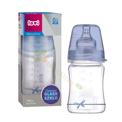 СТЪКЛЕНО ШИШЕ ЗА ХРАНЕНЕ BABY SHOWER ЗА МОМЧЕ 0+ месеца 150 мл / LOVI GLASS FEEDING BOTTLE BABY SHOWER BOY 0+ months 150 ml