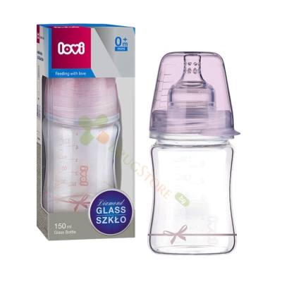 СТЪКЛЕНО ШИШЕ ЗА ХРАНЕНЕ BABY SHOWER ЗА МОМИЧЕ 0+ месеца 150 мл / LOVI GLASS FEEDING BOTTLE BABY SHOWER GIRL 0+ months