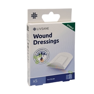 СТЕРИЛНИ ПРЕВРЪЗКИ ЗА РАНИ 5 см х 7.5 см 5 броя / LIVSANE WOUND DRESSINGS STERILE 5 cm x 7.5 cm 