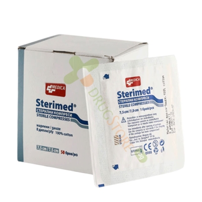 СТЕРИМЕД СТЕРИЛНИ КОМПРЕСИ 7.5 см. x 7.5 см. 50 броя / MEDICA STERIMED STERILE COMPRESSES