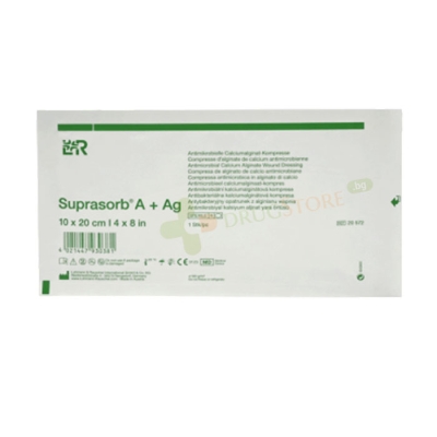 СУПРАСОРБ A + AG ПРЕВРЪЗКА ОТ КАЛЦИЕВ АЛГИНАТ + СРЕБРО 10 x 20 см 1 брой / LOHMANN & RAUSCHER SUPRASORB A+ Ag ANTIMICROBIAL CALCIUM ALGINATE WOUND DRESSING 10 x 20 cm 