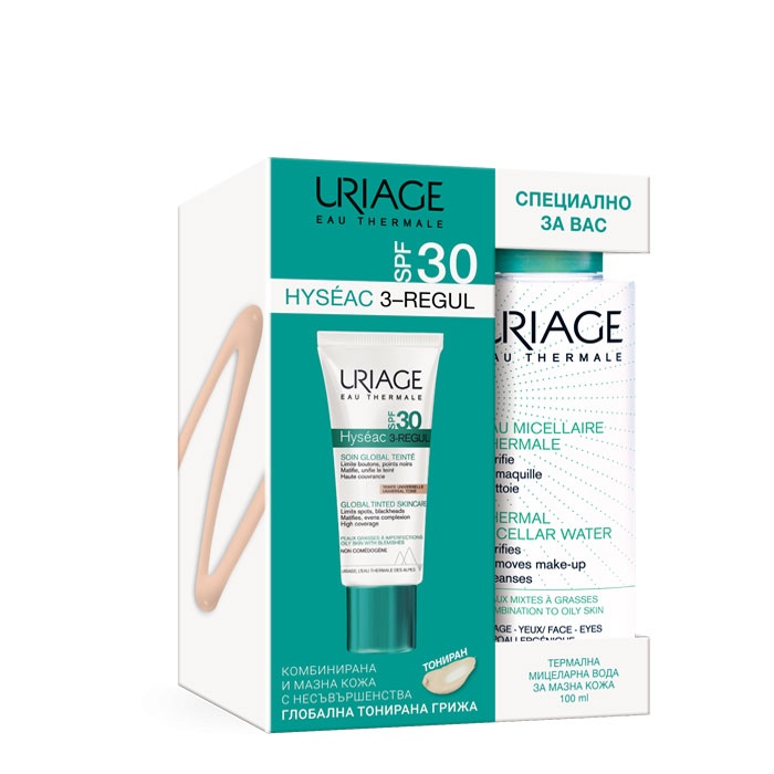 УРИАЖ КОМПЛЕКТ HYSEAC 3-REGUL ТОНИРАН КРЕМ SPF 30 + МИЦЕЛАРНА ВОДА 100 мл. / URIAGE Hyseac 3 REGUL CREAM SPF30 + THERMALE WATER
