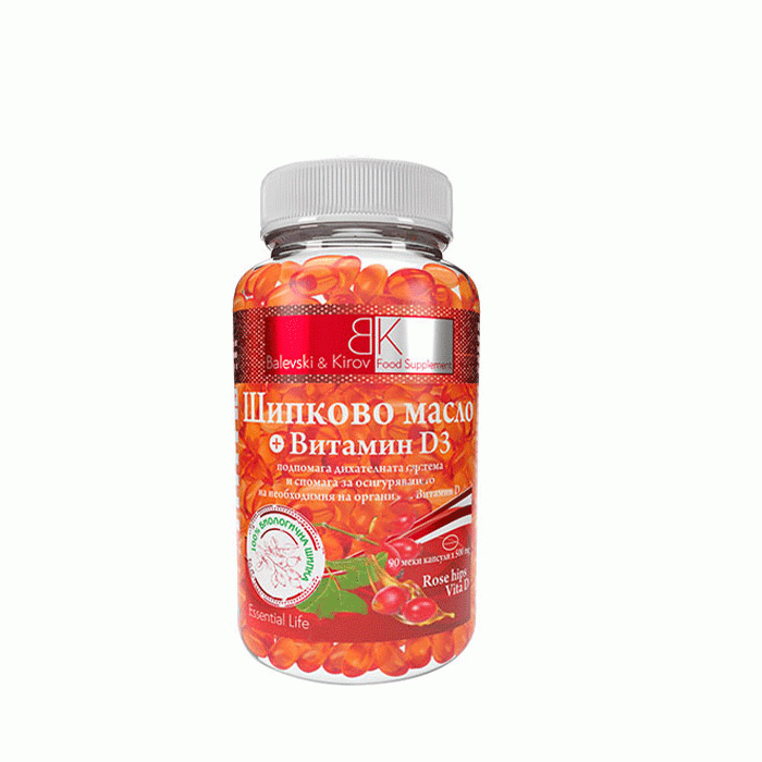 БАЛЕВСКИ И КИРОВ ШИПКОВО МАСЛО + ВИТАМИН D3 капсули 90 броя / BALEVSKI &amp; KIROV ROSEHIP OIL, VITAMIN D3