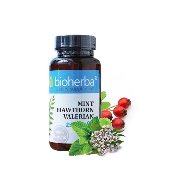 БИОХЕРБА МЕНТА, ГЛОГ И ВАЛЕРИАНА капсули 250 мг. 60 броя / BIOHERBA MINT, HAWTHORN, VALERIAN