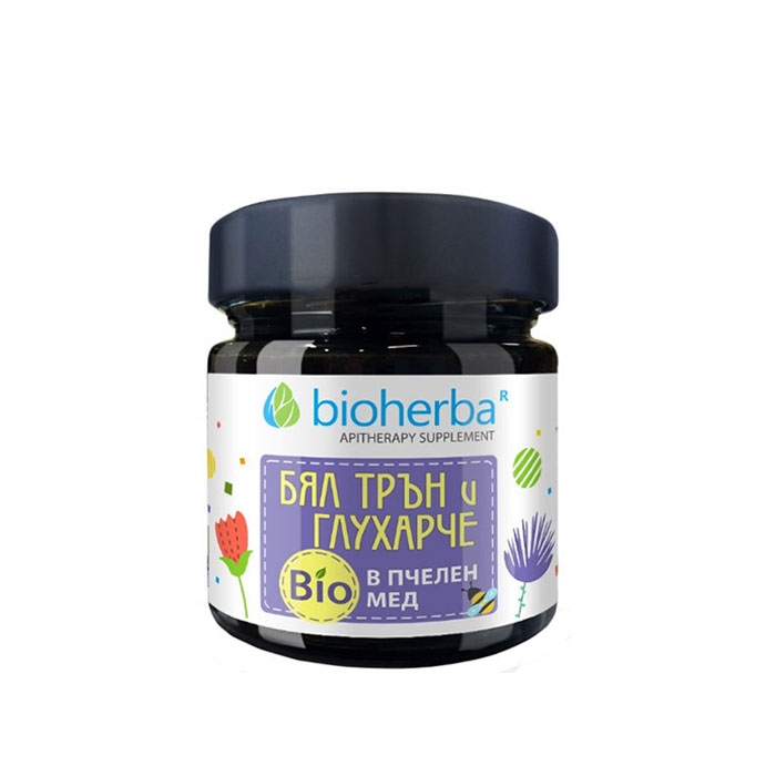 БИОХЕРБА БЯЛ ТРЪН И ГЛУХАРЧЕ В БИО ПЧЕЛЕН МЕД 280 гр. / BIOHERBA WHITE THORN AND DANDELION IN BIO HONEY